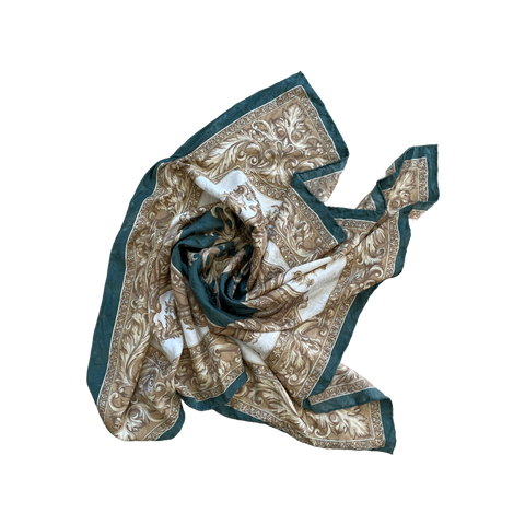 100% Silk Square Scarf with Green & Tan Print