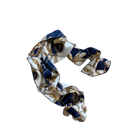 Navy & Cream Long Scarf with Chain Print